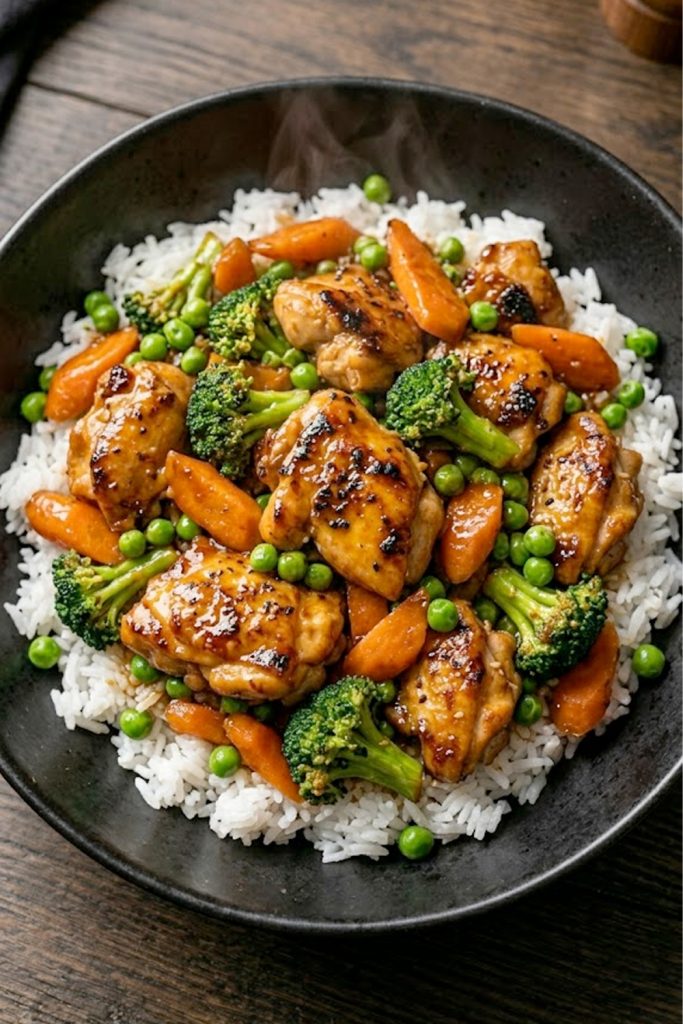 Better chicken stir fry with tender chicken pieces, chunky carrots, broccoli florets, and green peas coated in a rich savory sauce served over steamed white rice in a black bowl