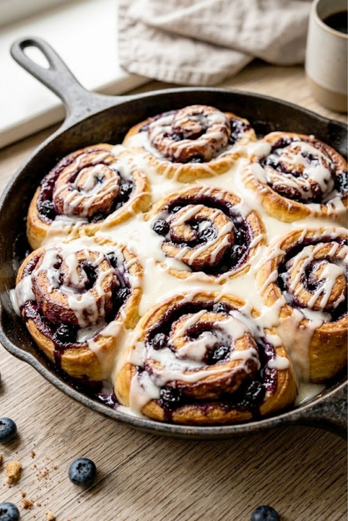 A pan of freshly baked blueberry rolls dripping with cream cheese glaze, golden brown and gooey