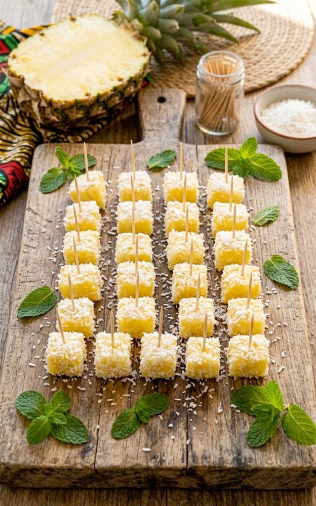 Boozy pina colada bites coated in coconut flakes served on a rustic wooden board with fresh pineapple and mint garnish