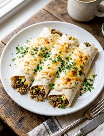 Breakfast enchiladas stuffed with seasoned ground beef and scrambled eggs smothered in a rich creamy white sauce topped with melted cheese and fresh parsley on a white plate