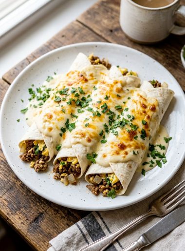 Breakfast enchiladas stuffed with seasoned ground beef and scrambled eggs smothered in a rich creamy white sauce topped with melted cheese and fresh parsley on a white plate
