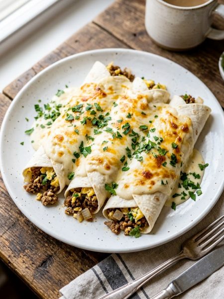 Breakfast enchiladas stuffed with seasoned ground beef and scrambled eggs smothered in a rich creamy white sauce topped with melted cheese and fresh parsley on a white plate