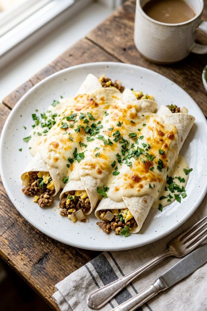Breakfast enchiladas stuffed with seasoned ground beef and scrambled eggs smothered in a rich creamy white sauce topped with melted cheese and fresh parsley on a white plate