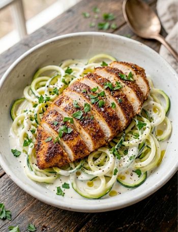 Sliced Cajun chicken served over zucchini noodles with creamy garlic sauce and fresh parsley garnish