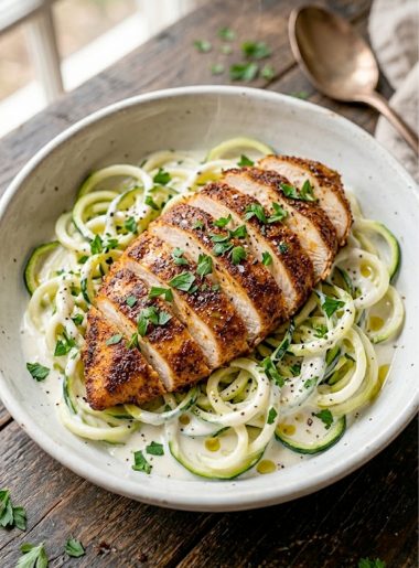 Sliced Cajun chicken served over zucchini noodles with creamy garlic sauce and fresh parsley garnish