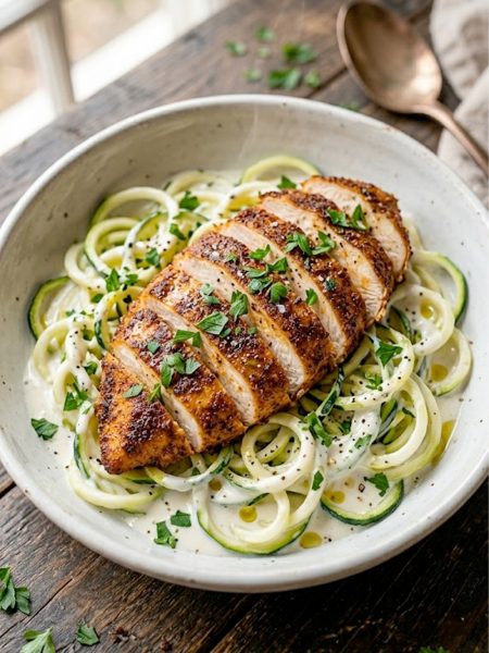 Sliced Cajun chicken served over zucchini noodles with creamy garlic sauce and fresh parsley garnish