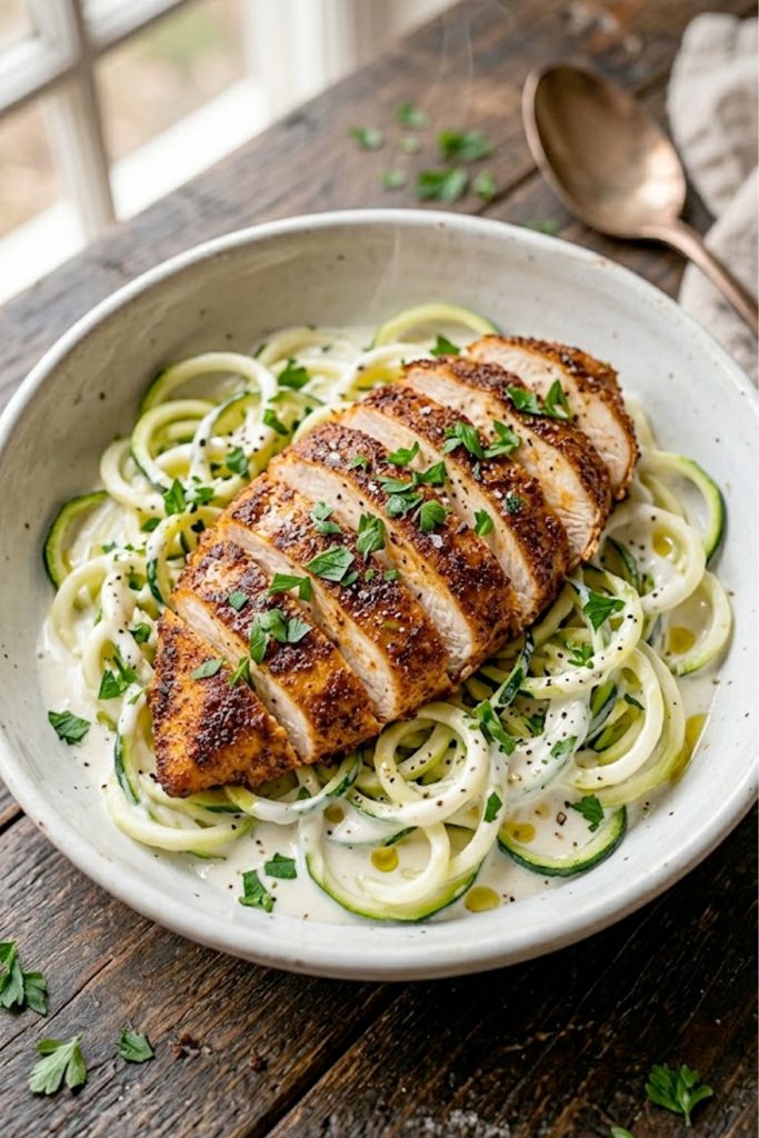 Sliced Cajun chicken served over zucchini noodles with creamy garlic sauce and fresh parsley garnish