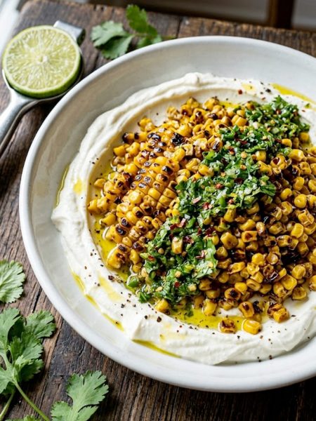 A wide shallow white bowl filled with deeply charred golden corn kernels piled over a smooth layer of whipped feta cheese, topped with a vibrant chili lime cilantro dressing and red chili flakes