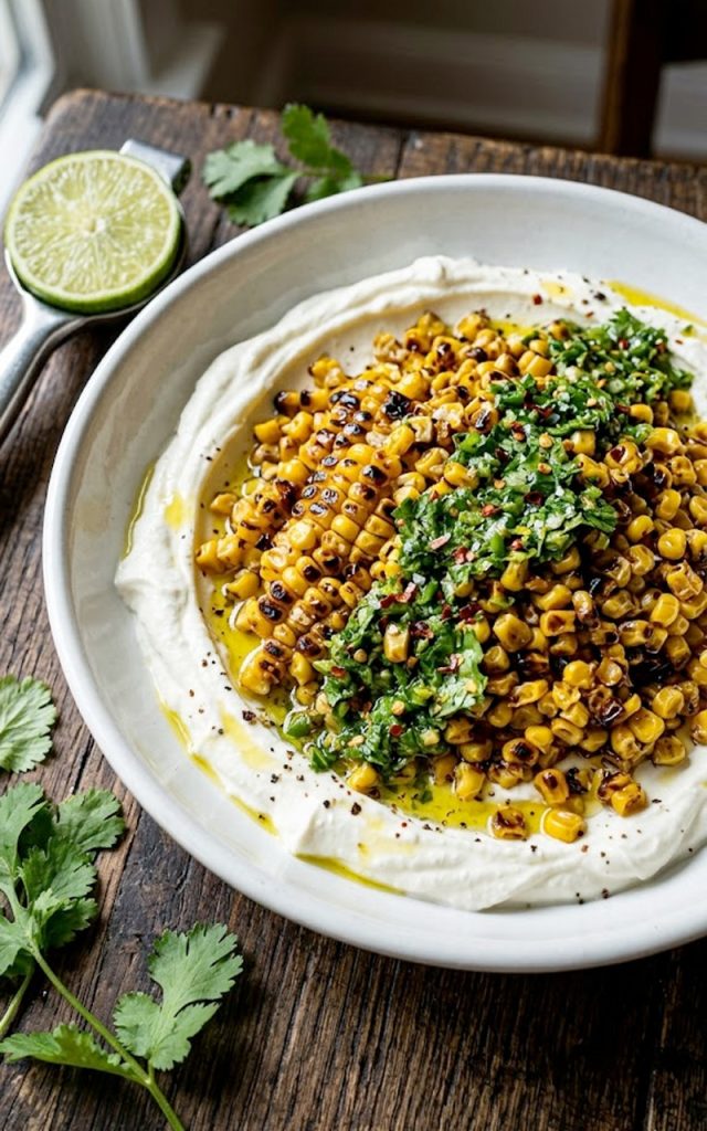 A wide shallow white bowl filled with deeply charred golden corn kernels piled over a smooth layer of whipped feta cheese, topped with a vibrant chili lime cilantro dressing and red chili flakes
