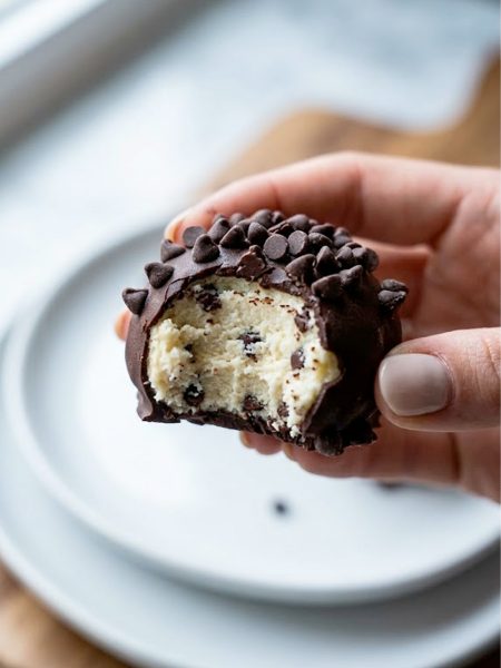 A hand holding a single cheesecake keto fat bomb coated in dark chocolate and covered with sugar-free mini chocolate chips showing the creamy cheesecake interior where it has been bitten into