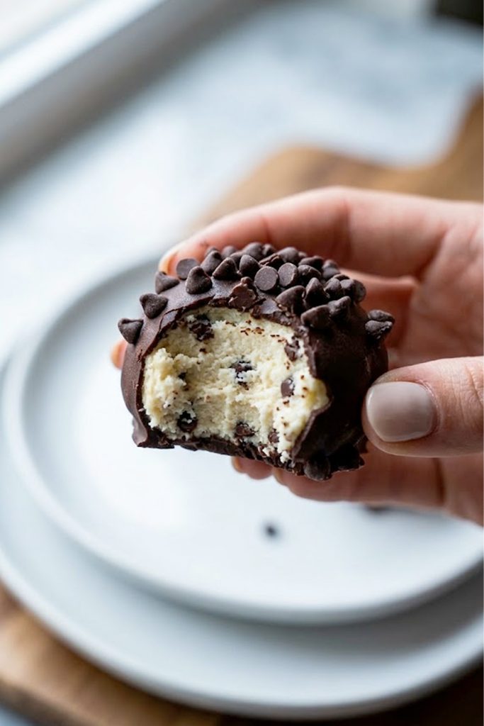 A hand holding a single cheesecake keto fat bomb coated in dark chocolate and covered with sugar-free mini chocolate chips showing the creamy cheesecake interior where it has been bitten into
