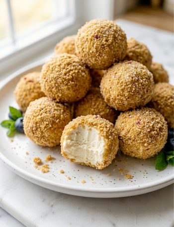A close-up of creamy cheesecake protein balls rolled in golden graham cracker crumbs piled on a white plate on a marble surface