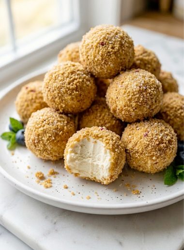 A close-up of creamy cheesecake protein balls rolled in golden graham cracker crumbs piled on a white plate on a marble surface