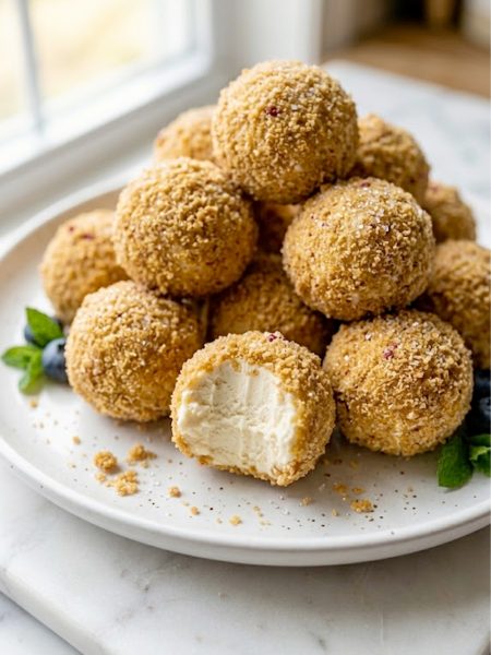 A close-up of creamy cheesecake protein balls rolled in golden graham cracker crumbs piled on a white plate on a marble surface
