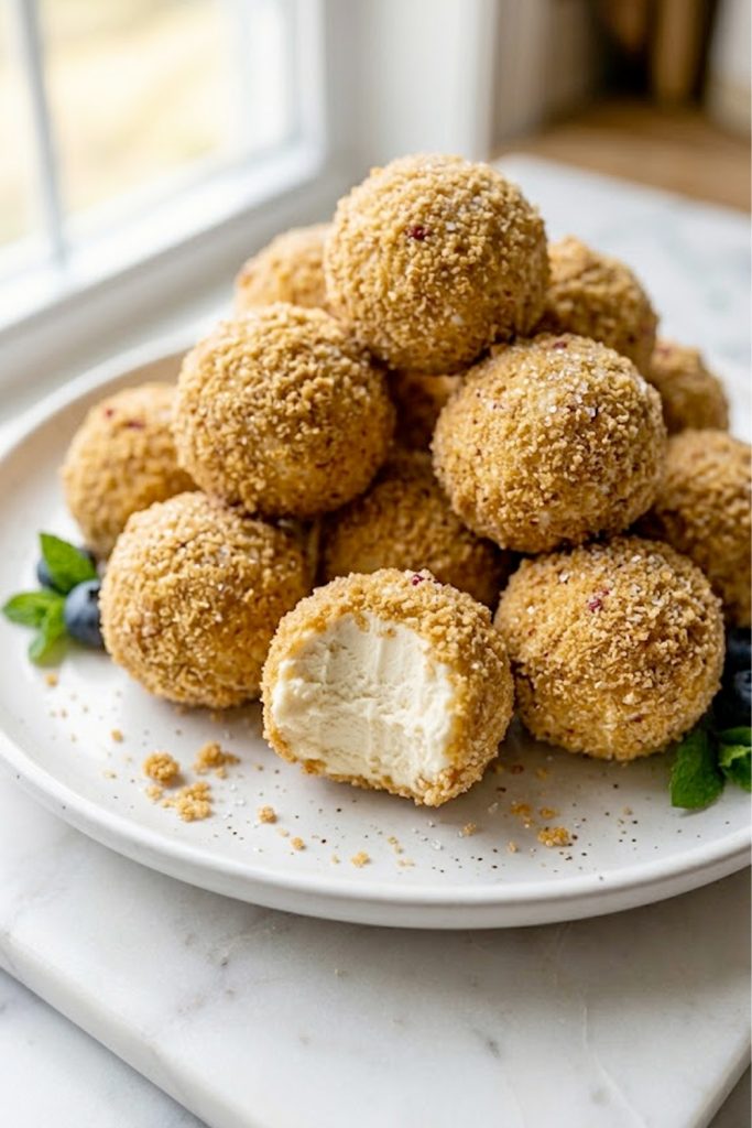 A close-up of creamy cheesecake protein balls rolled in golden graham cracker crumbs piled on a white plate on a marble surface