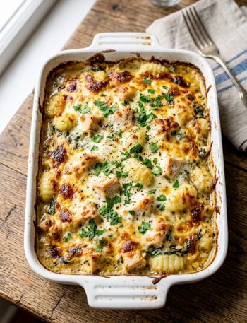 Cheesy chicken gnocchi bake fresh out of the oven with golden melted mozzarella and fresh parsley garnish