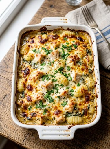 Cheesy chicken gnocchi bake fresh out of the oven with golden melted mozzarella and fresh parsley garnish