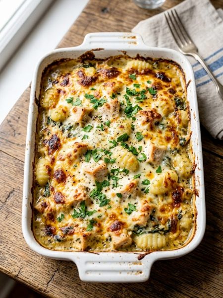 Cheesy chicken gnocchi bake fresh out of the oven with golden melted mozzarella and fresh parsley garnish