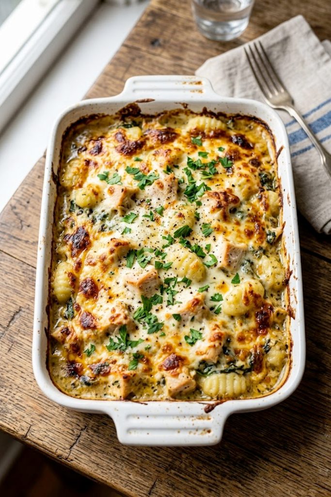 Cheesy chicken gnocchi bake fresh out of the oven with golden melted mozzarella and fresh parsley garnish