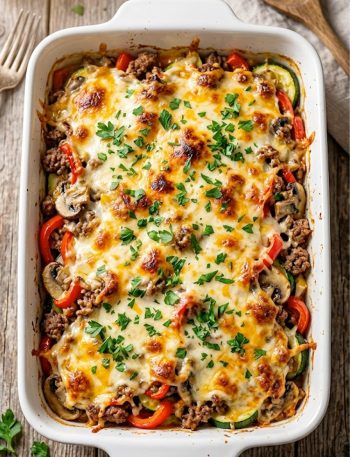 A golden, bubbly cheesy zucchini pizza casserole fresh out of the oven in a white baking dish, garnished with fresh parsley