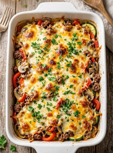 A golden, bubbly cheesy zucchini pizza casserole fresh out of the oven in a white baking dish, garnished with fresh parsley