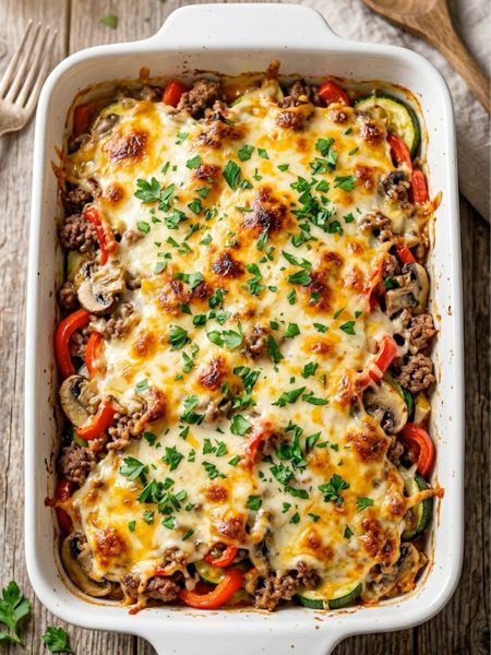 A golden, bubbly cheesy zucchini pizza casserole fresh out of the oven in a white baking dish, garnished with fresh parsley