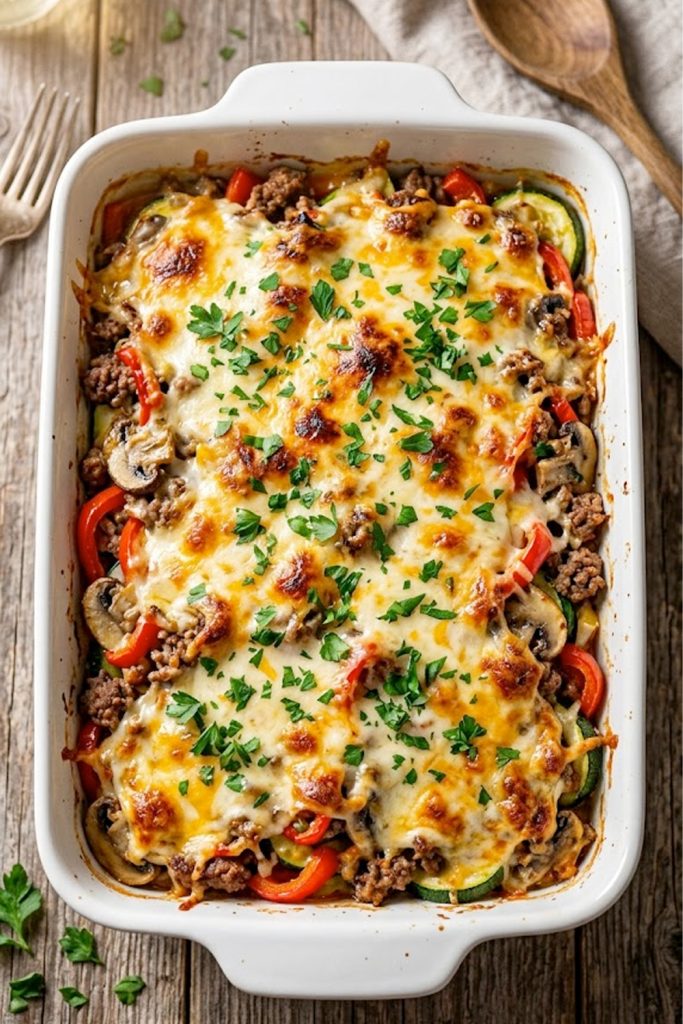 A golden, bubbly cheesy zucchini pizza casserole fresh out of the oven in a white baking dish, garnished with fresh parsley