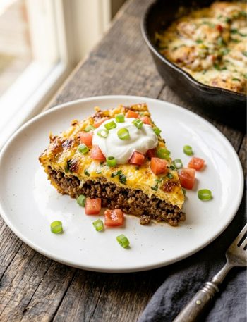 A slice of cheesy keto taco casserole on a white plate topped with sour cream, diced fresh tomatoes and sliced green onions showing layers of seasoned beef and golden egg and cheese base