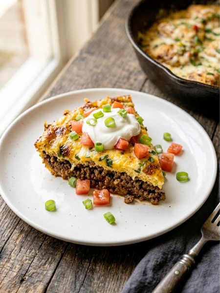 A slice of cheesy keto taco casserole on a white plate topped with sour cream, diced fresh tomatoes and sliced green onions showing layers of seasoned beef and golden egg and cheese base