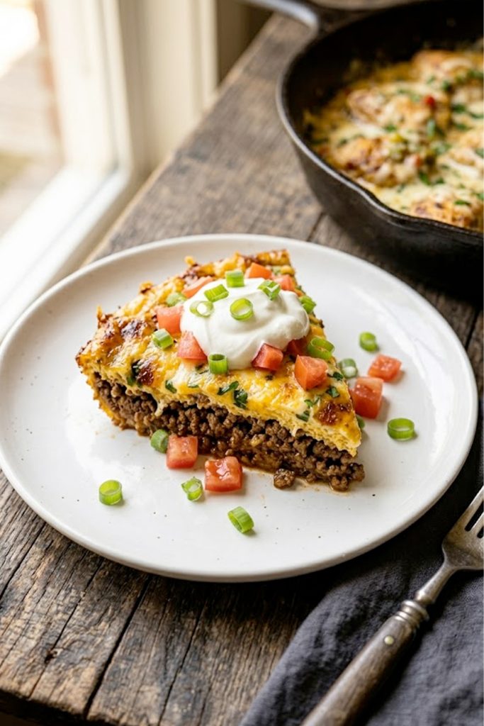 A slice of cheesy keto taco casserole on a white plate topped with sour cream, diced fresh tomatoes and sliced green onions showing layers of seasoned beef and golden egg and cheese base