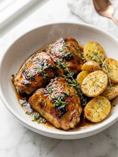 Classic honey BBQ chicken thighs with a sticky caramelized glaze served alongside golden roasted baby potatoes garnished with fresh herbs in a wide white bowl on a wooden table