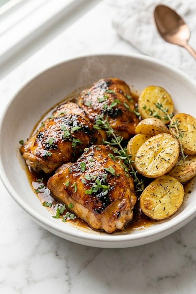 Classic honey BBQ chicken thighs with a sticky caramelized glaze served alongside golden roasted baby potatoes garnished with fresh herbs in a wide white bowl on a wooden table