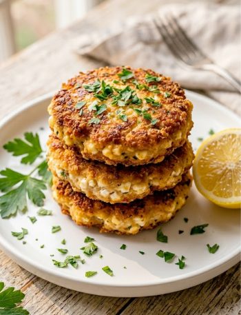 Golden crispy cottage cheese chicken patties stacked on a white plate garnished with fresh parsley on a rustic wooden surface