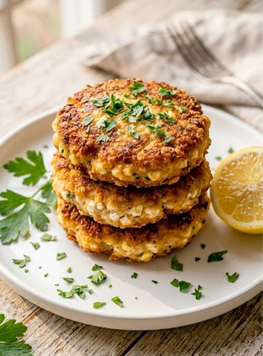 Golden crispy cottage cheese chicken patties stacked on a white plate garnished with fresh parsley on a rustic wooden surface