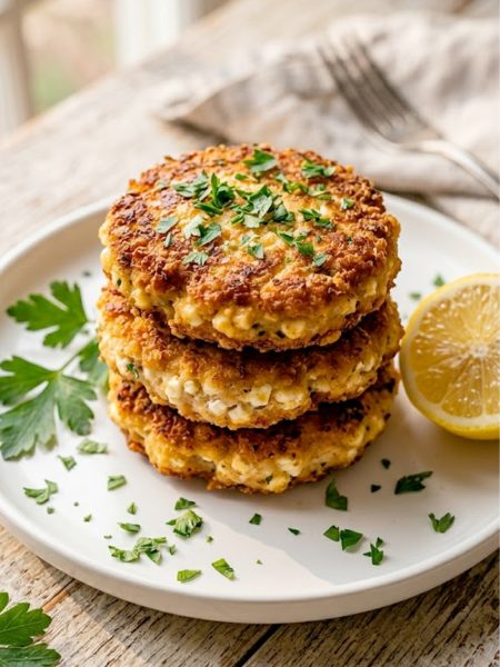 Golden crispy cottage cheese chicken patties stacked on a white plate garnished with fresh parsley on a rustic wooden surface