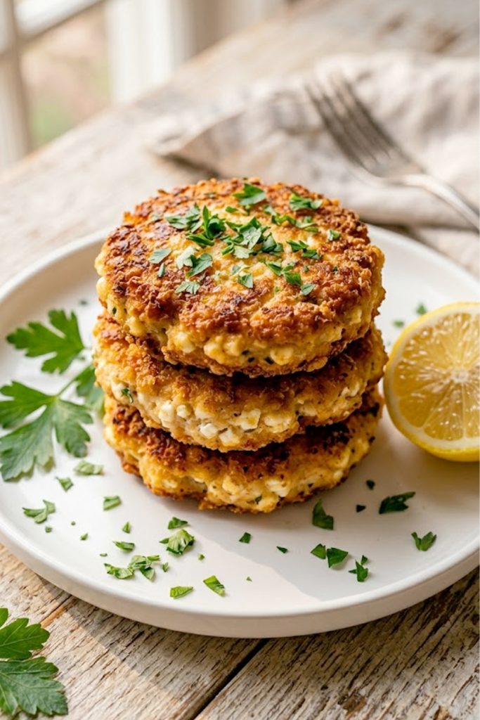 Golden crispy cottage cheese chicken patties stacked on a white plate garnished with fresh parsley on a rustic wooden surface