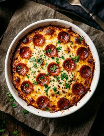 Golden baked cottage cheese pizza bowl with bubbling melted mozzarella cheese crispy pepperoni slices and fresh parsley garnish in a white ceramic bowl on a dark background
