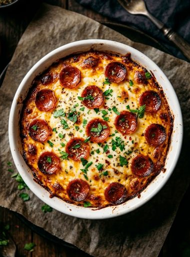 Golden baked cottage cheese pizza bowl with bubbling melted mozzarella cheese crispy pepperoni slices and fresh parsley garnish in a white ceramic bowl on a dark background