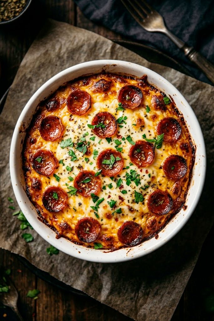Golden baked cottage cheese pizza bowl with bubbling melted mozzarella cheese crispy pepperoni slices and fresh parsley garnish in a white ceramic bowl on a dark background