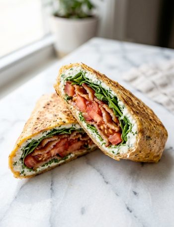 A golden baked cottage cheese wrap filled with crispy bacon slices fresh tomato and arugula folded and cut diagonally on a white marble surface showing the layers inside