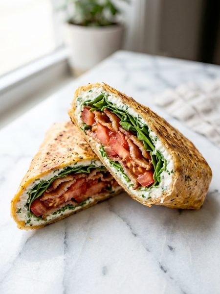 A golden baked cottage cheese wrap filled with crispy bacon slices fresh tomato and arugula folded and cut diagonally on a white marble surface showing the layers inside