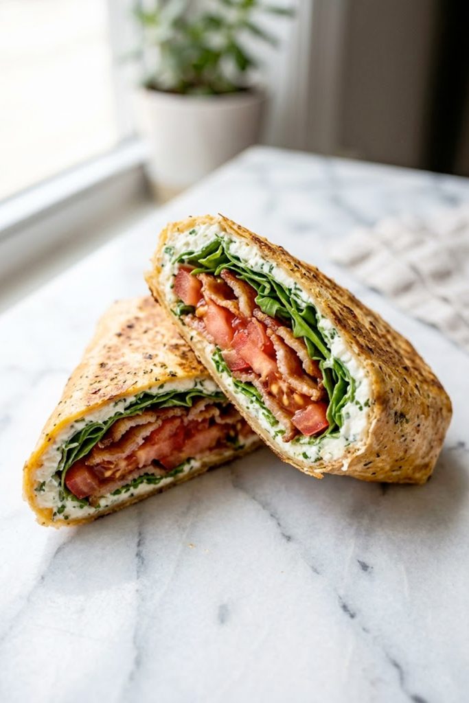 A golden baked cottage cheese wrap filled with crispy bacon slices fresh tomato and arugula folded and cut diagonally on a white marble surface showing the layers inside