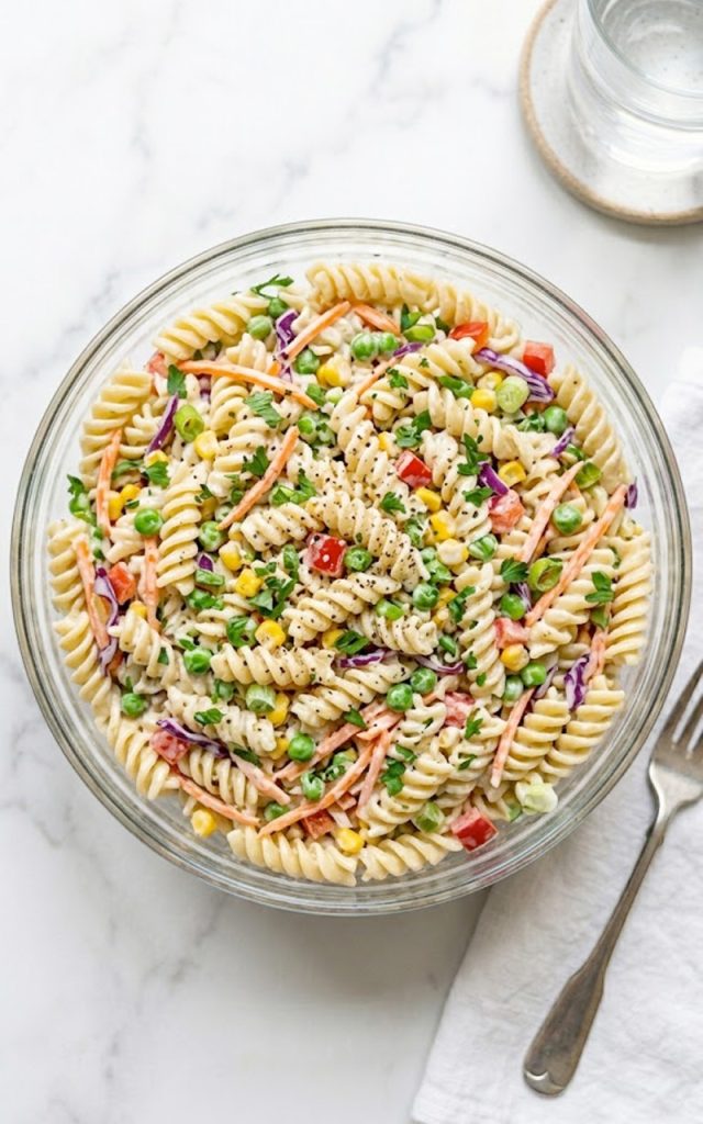 A large glass bowl filled with creamy crack pasta salad made with rotini pasta shredded carrots sweet peas corn red bell pepper and red cabbage tossed in a tangy ranch inspired dressing