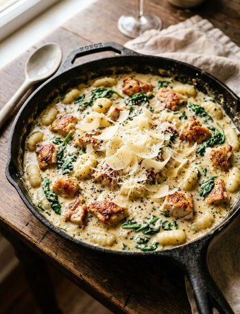Overhead close-up of creamy chicken gnocchi in a wide skillet showing golden seared chicken pieces, pillowy gnocchi and wilted spinach in a velvety parmesan cream sauce topped with shaved parmesan