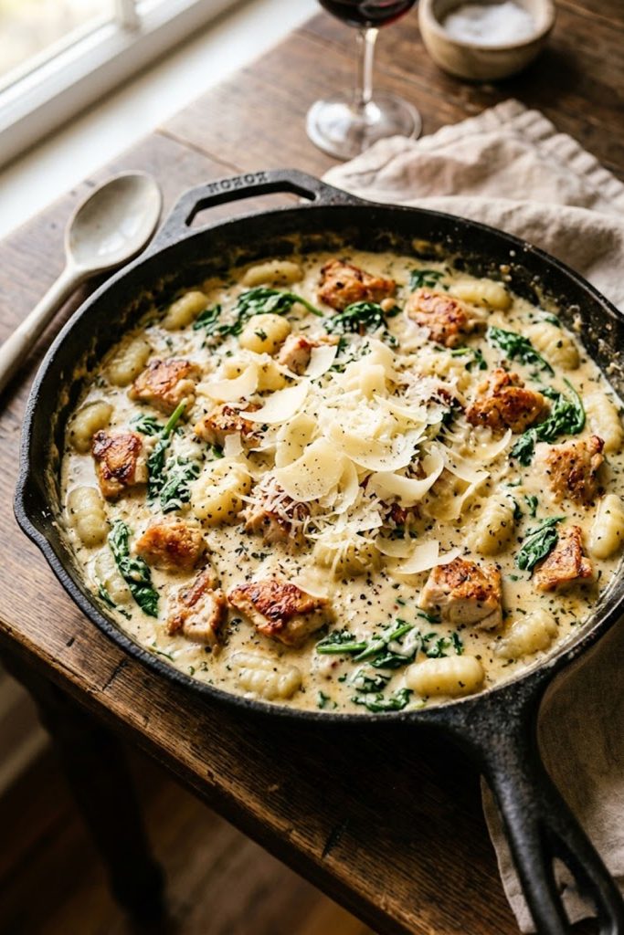 Overhead close-up of creamy chicken gnocchi in a wide skillet showing golden seared chicken pieces, pillowy gnocchi and wilted spinach in a velvety parmesan cream sauce topped with shaved parmesan