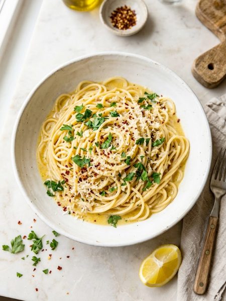 Creamy cowboy butter pasta in a white bowl topped with fresh parsley, parmesan, and red chili flakes