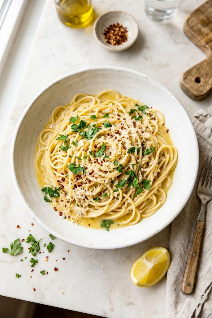 Creamy cowboy butter pasta in a white bowl topped with fresh parsley, parmesan, and red chili flakes