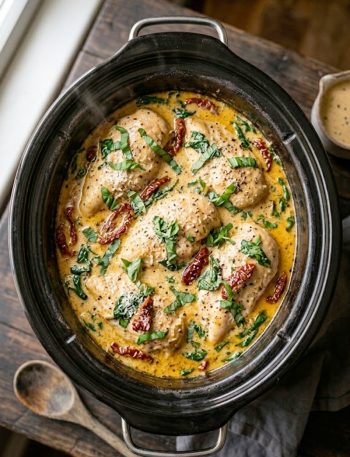 Creamy crockpot Tuscan chicken breasts in a rich garlic Parmesan cream sauce with sun-dried tomatoes and fresh spinach in a white slow cooker bowl garnished with fresh basil