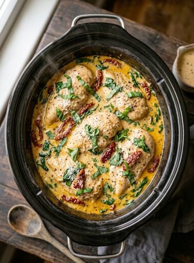 Creamy crockpot Tuscan chicken breasts in a rich garlic Parmesan cream sauce with sun-dried tomatoes and fresh spinach in a white slow cooker bowl garnished with fresh basil
