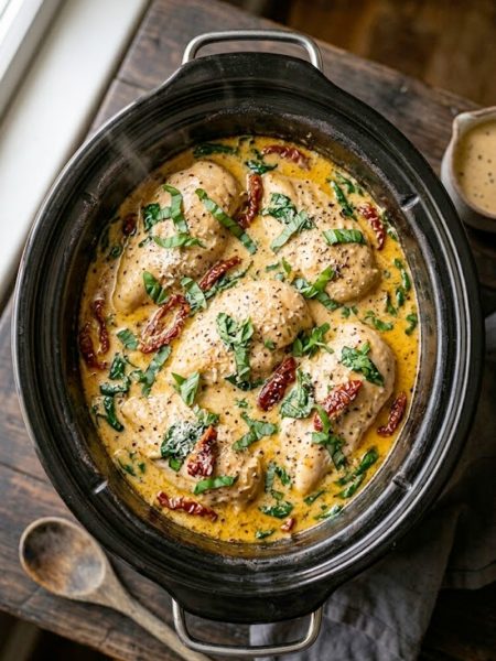 Creamy crockpot Tuscan chicken breasts in a rich garlic Parmesan cream sauce with sun-dried tomatoes and fresh spinach in a white slow cooker bowl garnished with fresh basil